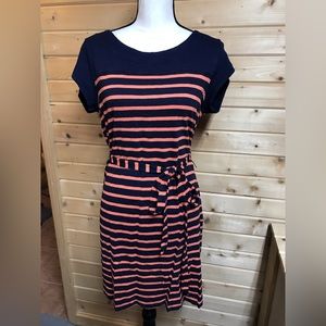 Navy orange striped shift dress with removable tie. Size med